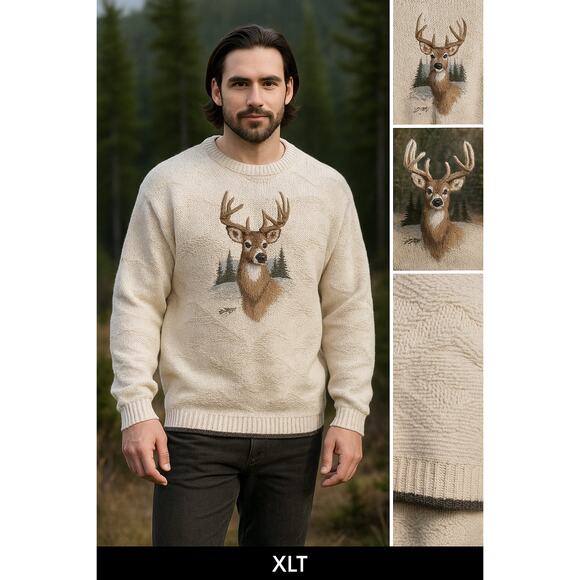 Vntg USA-Made Shenandoah XLT Deer Landscape Sweater 100% Cotton Heritage Lodge - Picture 2 of 13